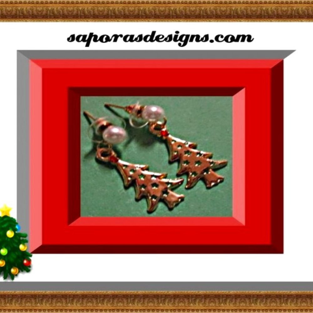 Gold Tone Dangle Christmas Tree Design Earrings With Green & Red Crystals